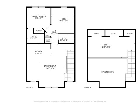 A floor plan for a home with a living room, kitchen, and two bathrooms.